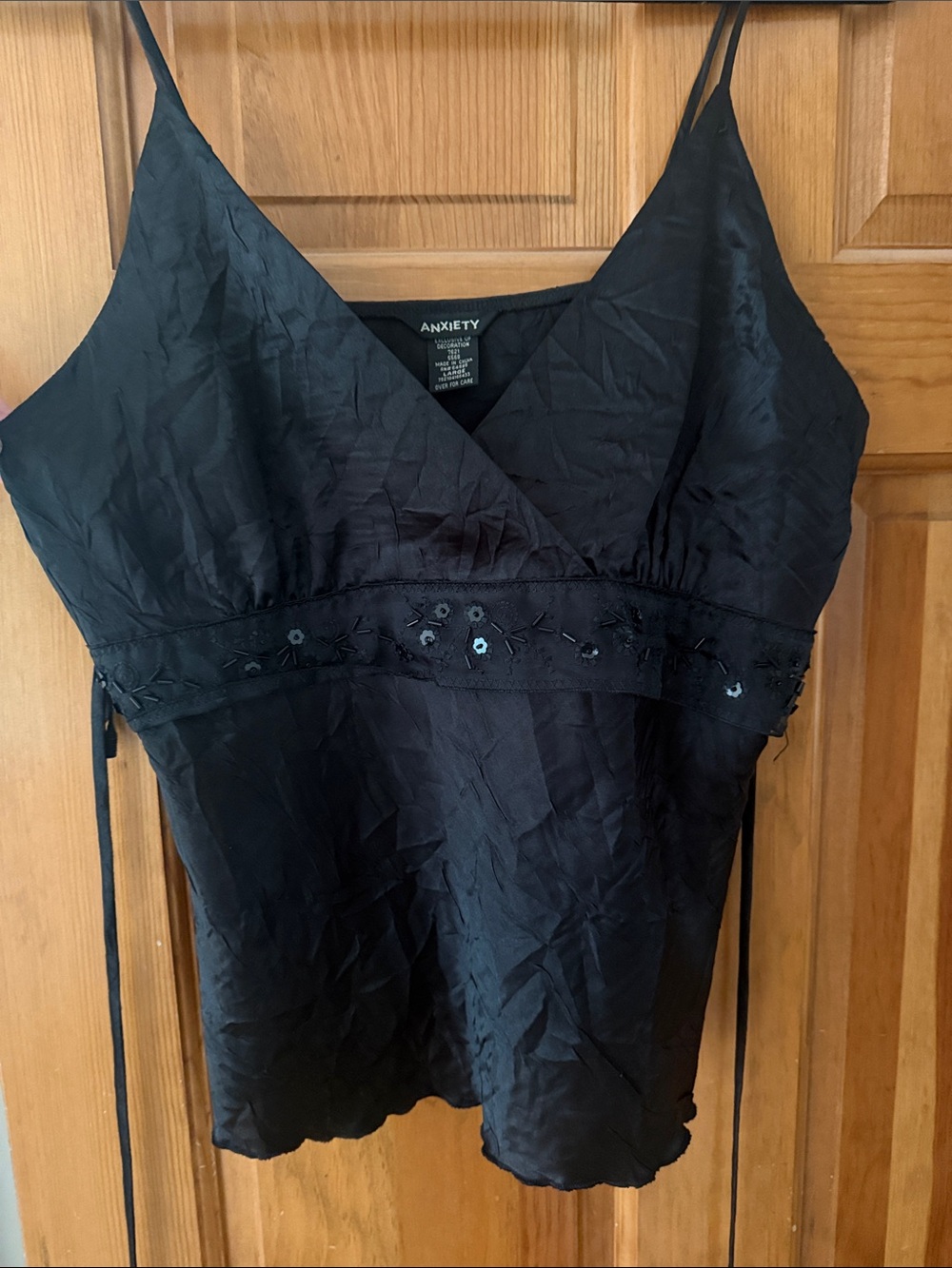 Vintage Y2K ANXIETY Black Beaded Embellished Satin Camisole size Large